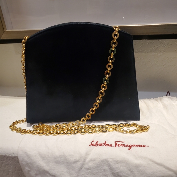 Salvatore Ferragamo Navy Suede Bag with Gold Tone Chain - Picture 1 of 15